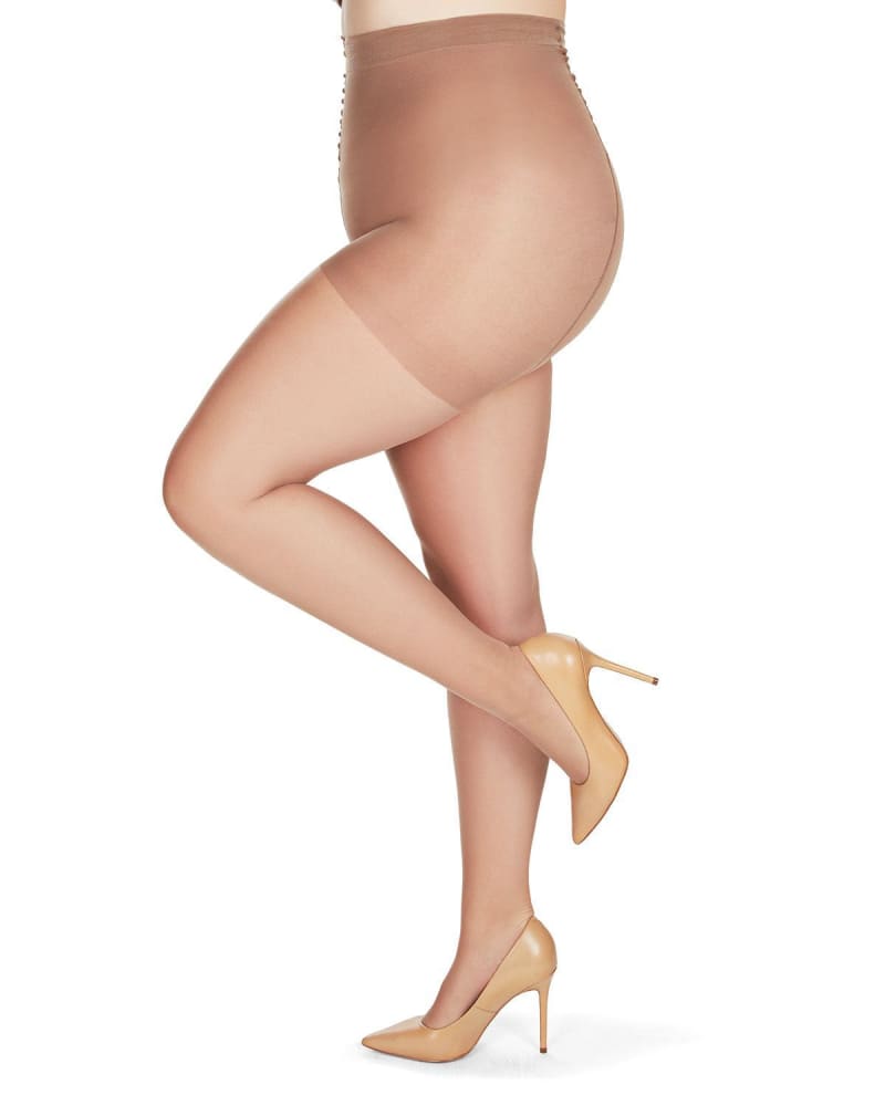 Side of a model wearing a size XL Crystal Sheer Control Top Pantyhose in Honey by Memoi. | dia_product_style_image_id:299515
